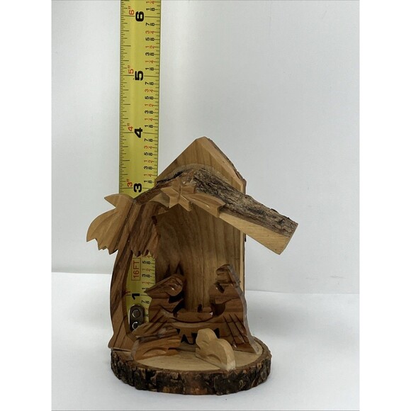 Carved Wood Nativity Scene Bethlehem Palm Tree Crèche ~4x3” Christmas Mini Tiki - Picture 2 of 9